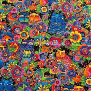 Laurel Burch Vibrant Cat Pattern Fabric - Multicolor, 1 1/2 yards